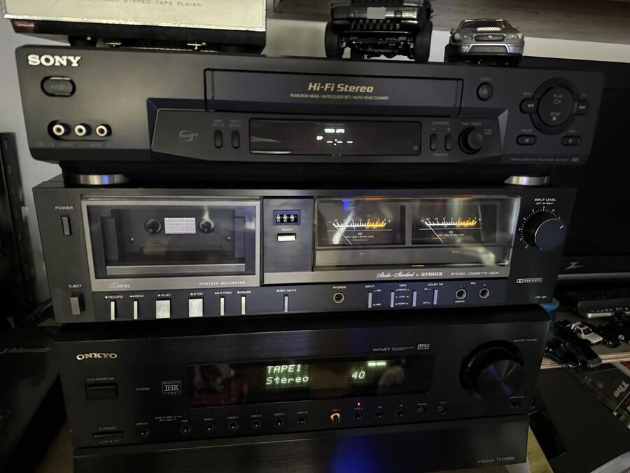 Stack of a Sony VCR, cassette deck and receiver