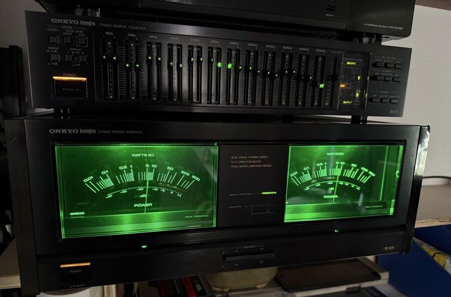 Stereo amplifier with glowing green VU meters