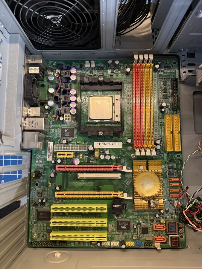 Socket A motherboard with an Athlon processor ready for a build