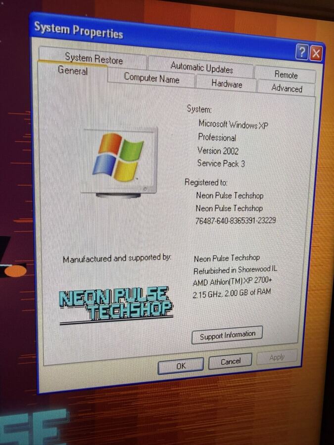 Windows XP System Properties showing NEON PULSE Techshop as the system builder