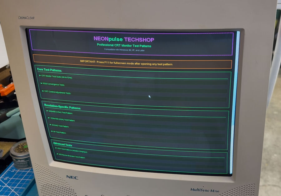 CRT monitor displaying the NEON PULSE test pattern